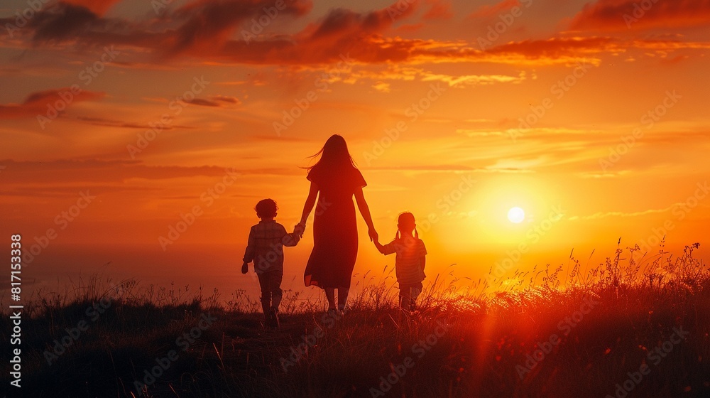 Silhouetted by the setting sun on the horizon, a mother and her children, a beautiful sign of motherhoods unity 8K , high-resolution, ultra HD,up32K HD Silhouetted by the setting sun on the horizon, a mother and her children, a beautiful sign of motherhoods unity 8K , high-resolution, ultra HD,up32K HD