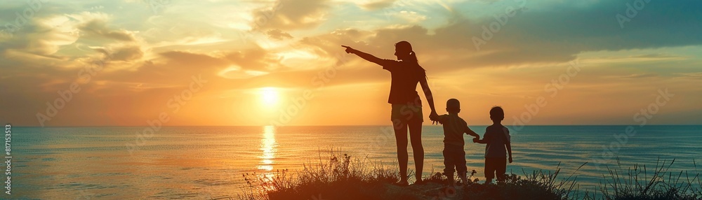 Fototapeta premium A mother in silhouette pointing to the horizon with her children, embodying the journey of motherhood 8K , high-resolution, ultra HD,up32K HD
