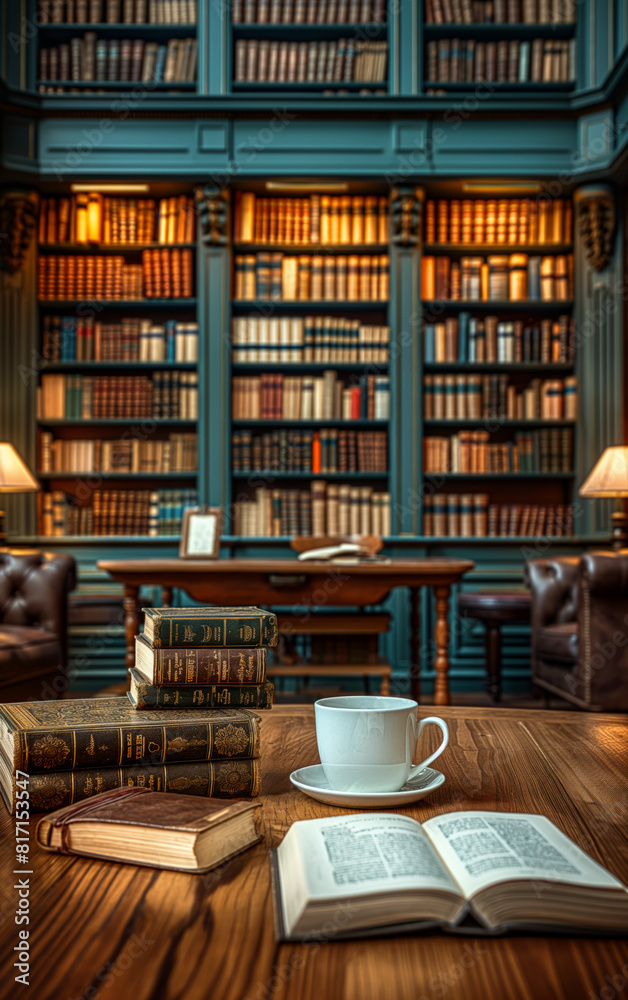 Books and teacup in front of bookshelves Books and teacup in front of bookshelves