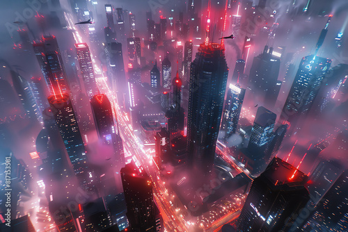 Capture a vibrant, futuristic cityscape from a worms-eye view; sleek, neon-lit skyscrapers rise above, showcasing advanced holographic projections and flying cars zooming overhead