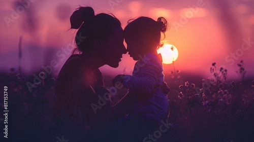 A mother in silhouette, hugging her toddler daughter, their shadows cast on the ground by the purple sunrise 8K , high-resolution, ultra HD,up32K HD