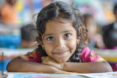 Indian girl smiling during classroom art activity - primary school, access to education, creativity, learning