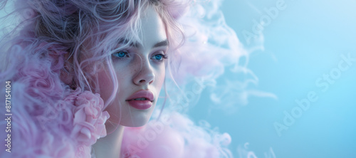 An abstract expression of fashion and beauty as a young woman is surrounded by a dreamlike mist of purple and pink, set against a calming pastel blue canvas