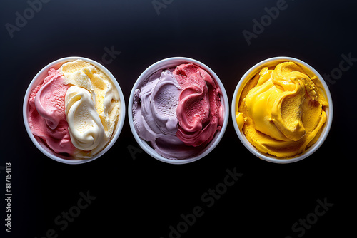 three ice cream tubs photographed in zenithal on a black background photo