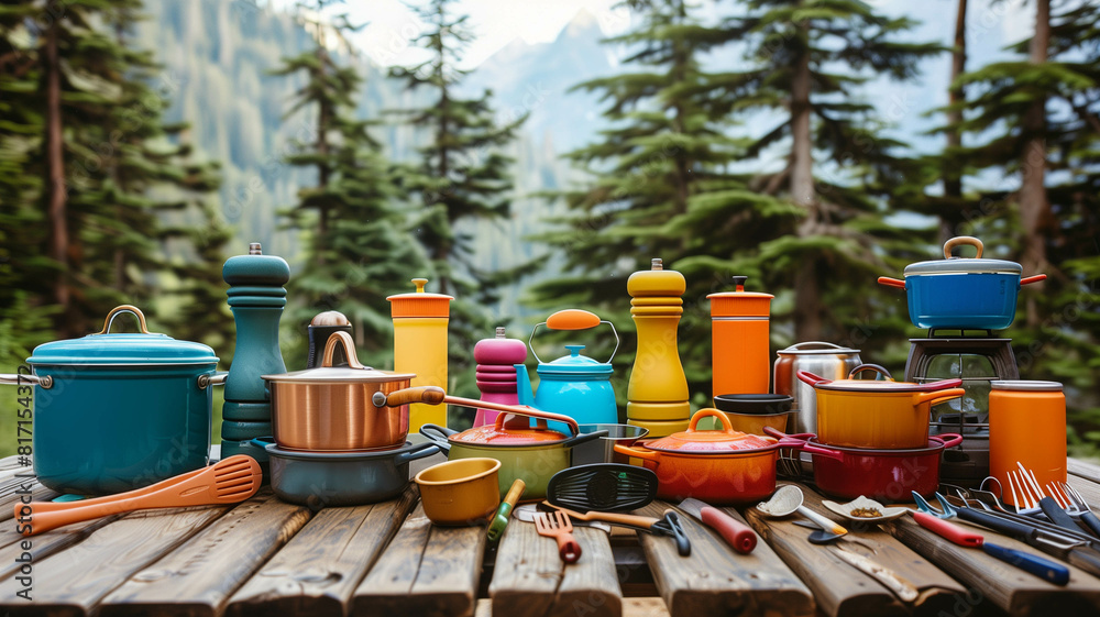 Fototapeta premium colorful assortment of camping cooking utensils and portable stoves arranged on a picnic table