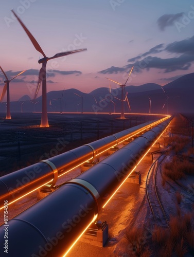 Hydrogen Pipeline Winding Through Landscape of Towering Wind Turbines A Vision of Futuristic Clean Energy Infrastructure