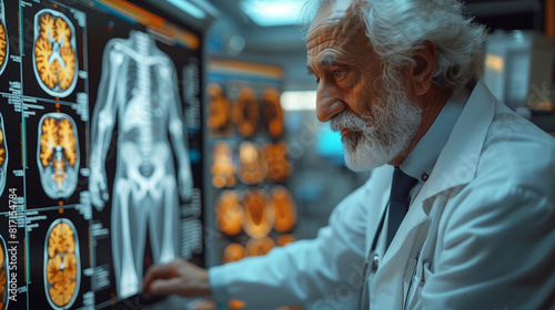 A professional orthopedic doctor examines a complex knee joint CT scan in a state-of-the-art hospital radiology departmente