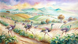 A scenic watercolor of ostrich racing in a vineyard, with grapevines and rolling hills in the backdrop