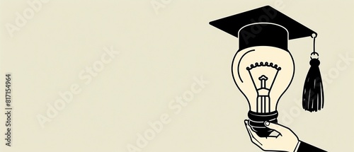 Light bulb with a graduation hat held by a hand on a grey background, representing education and knowledge for success in life Text space on the right side Black tassel on the cap and a world map insi