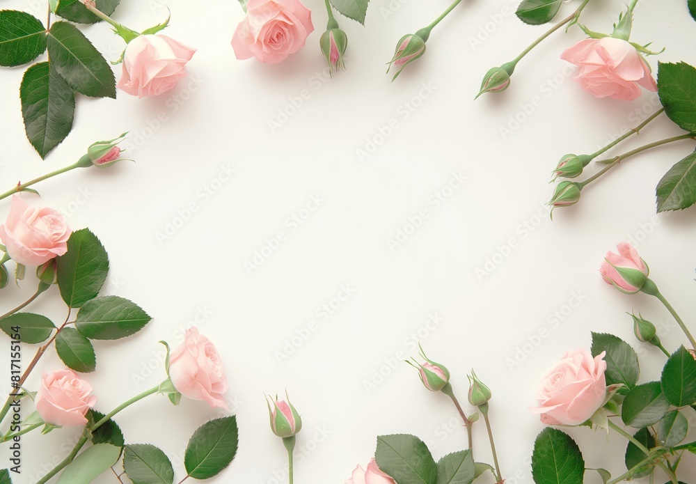 Pink Roses and Green Leaves on White Background, flat lay, top view Pink Roses and Green Leaves on White Background, flat lay, top view
