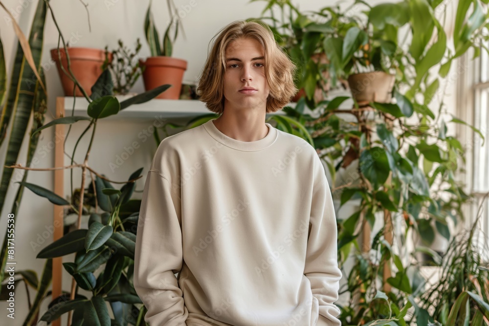 a young man wearing a sweatshirt and jeans standing in front of a large plant a young man wearing a sweatshirt and jeans standing in front of a large plant
