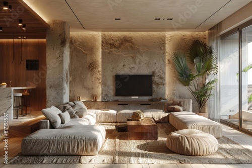 Modern interior japandi style design livingroom. Lighting and sunny scandinavian apartment with plaster and wood.