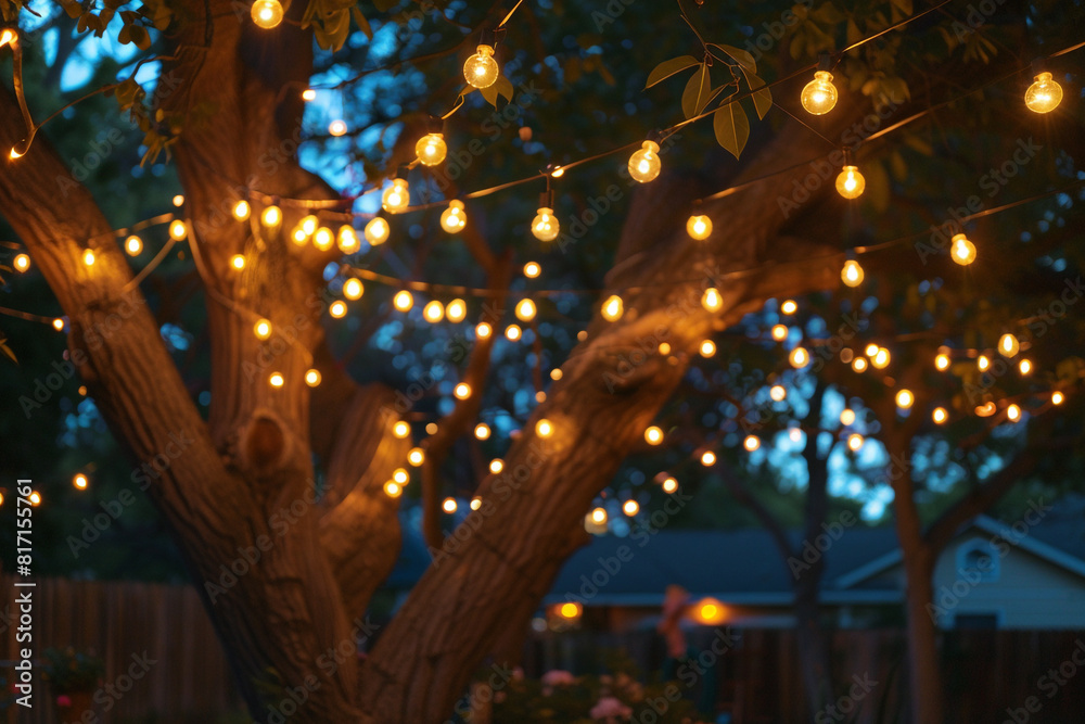 A Juneteenth celebration held in a backyard, fairy lights strung across the trees, creating a warm and inviting atmosphere. 