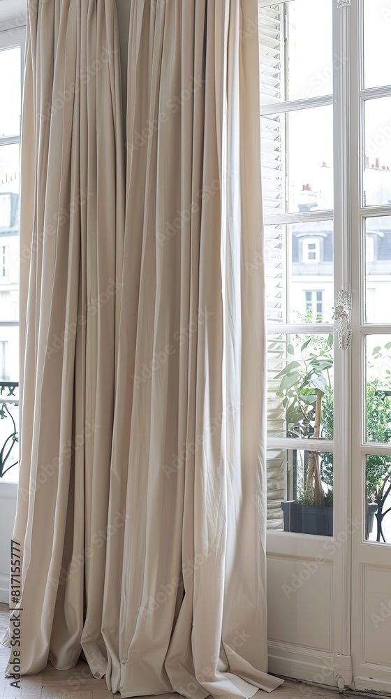 apartment, accentuated by white walls, large windows, and elegant beige curtains framing two sliding doors. apartment, accentuated by white walls, large windows, and elegant beige curtains framing two sliding doors.