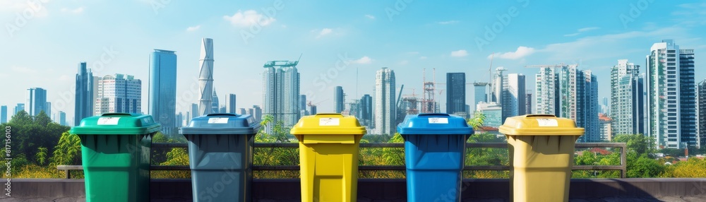 Container trash bin for recycling with city background Container trash bin for recycling with city background