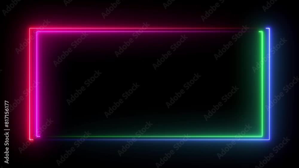 abstract glowing neon rectangle border frame. Animated Rectangle neon glowing frame background. Colorful laser show seamless loop 4K border.