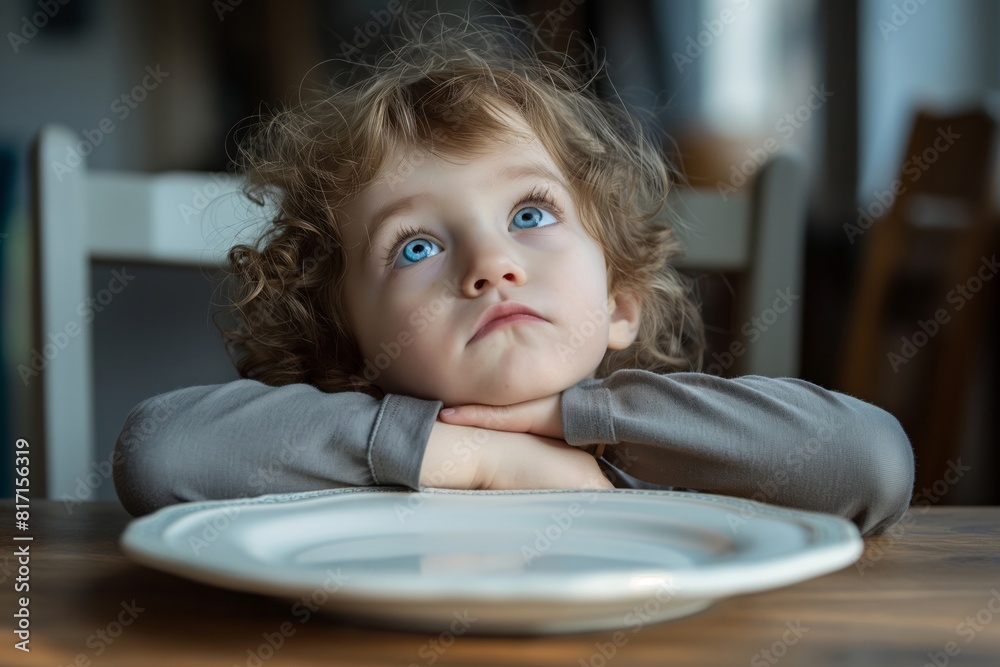 a little boy sitting at a table with a plate of food a little boy sitting at a table with a plate of food