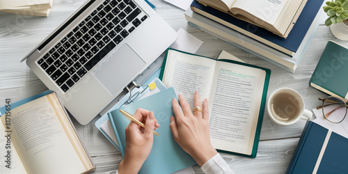 person reading a book. ealistic Flatlay with financial advisor accessories on office desk photo