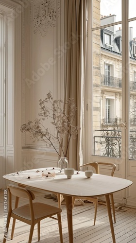 apartment  accentuated by white walls  large windows  and elegant beige curtains framing two sliding doors.