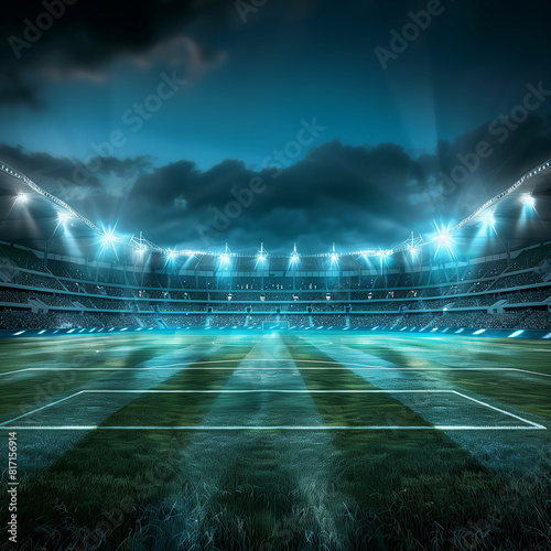View of soccer stadium from the players' entrance at night foodball on the ground