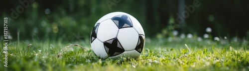  Classic black and white soccer ball on green grass. Active lifestyle.