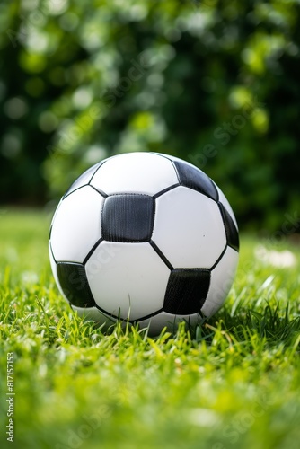  Classic black and white soccer ball on green grass. Active lifestyle.