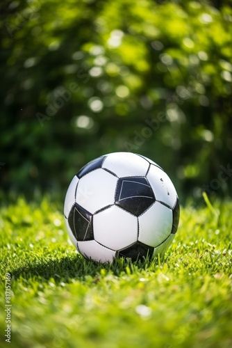  Classic black and white soccer ball on green grass. Active lifestyle.