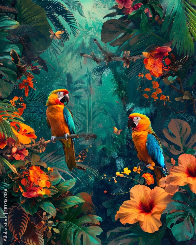 Exotic birds perched on vibrant tropical foliage focus on, lush paradise, vibrant, overlay, rainforest Exotic birds perched on vibrant tropical foliage focus on, lush paradise, vibrant, overlay, rainforest