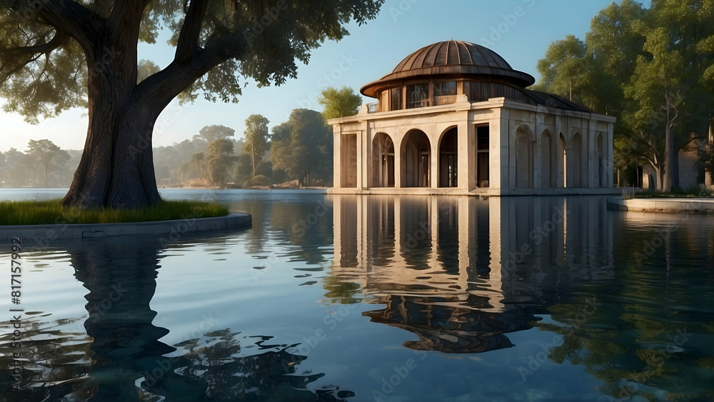 Obraz premium Tranquil lakeside building with reflections