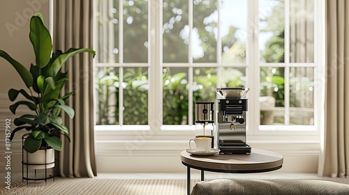 an empty living room adorned with French windows and soft curtains in the background, featuring a tall table with a coffee machine and a freshly brewed cup of coffee.