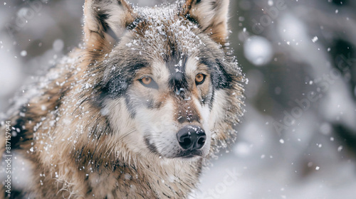  Wolf portrait snowy. A portrait of a wolf in a snowy landscape showcasing its majestic features and thick fur..