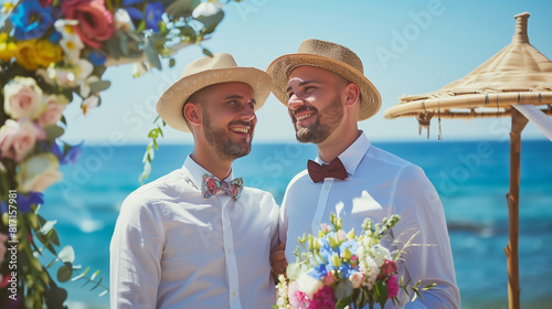 Handsome gay couple in wedding ceremony at outdoor venue near sea under wedding flower arch, Authentic LGBTQ Relationship. photo