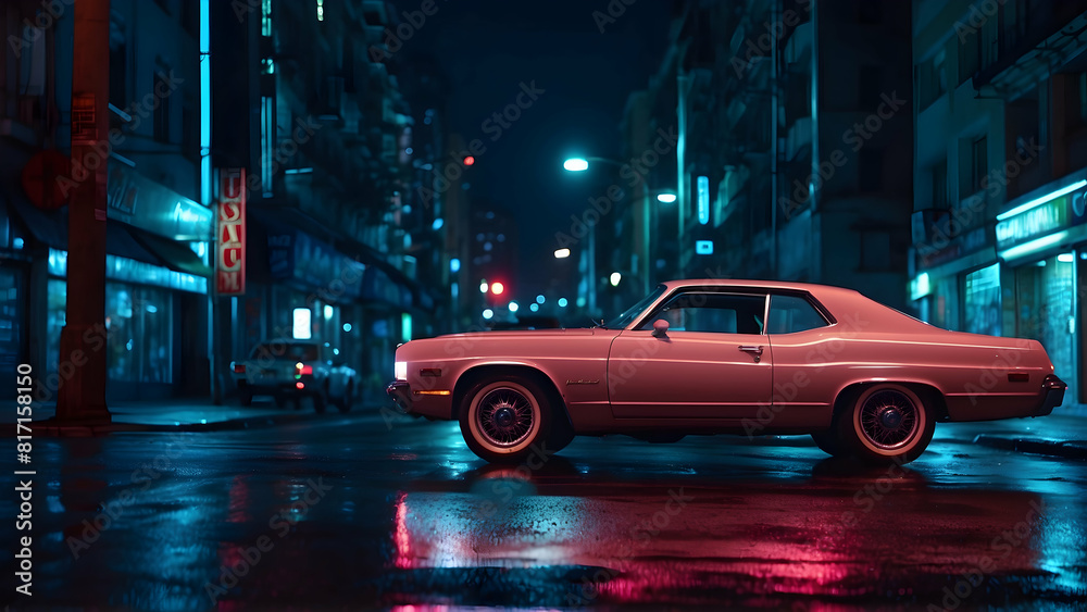 Classic car in urban night setting