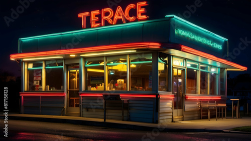 Retro diner with neon signs lit at night