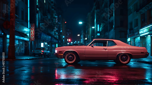 Classic car in urban night setting