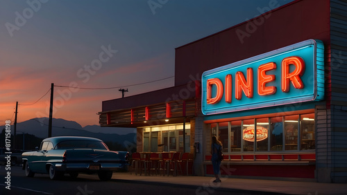 Retro diner with neon sign at dusk