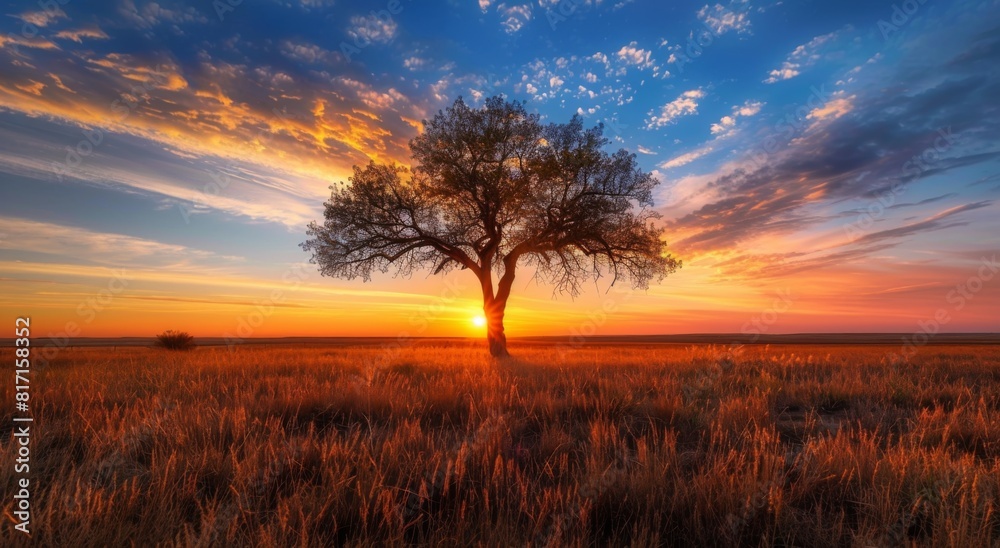 sunset over the field, A single tree stands in the middle of an open field, surrounded by tall grass and wheat fields under a beautiful sunset sky. sunset over the field, A single tree stands in the middle of an open field, surrounded by tall grass and wheat fields under a beautiful sunset sky.