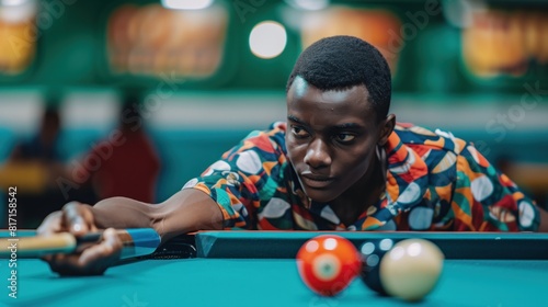 Black man practicing snooker sport, person is focused and enjoying the sport, sports photography, generative ai.