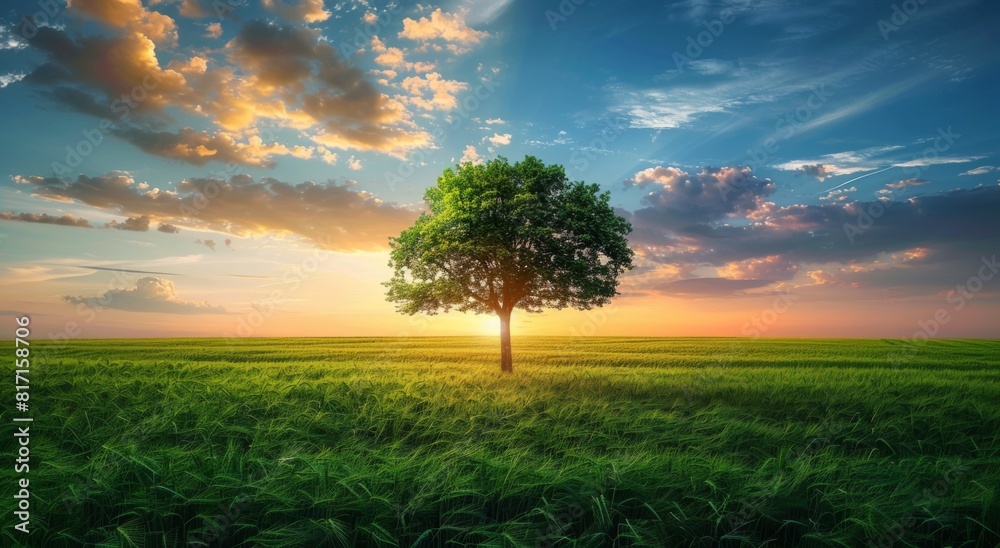 sunset over the field, A single tree stands in the middle of an open field, with a sunset sky and clouds above. sunset over the field, A single tree stands in the middle of an open field, with a sunset sky and clouds above.