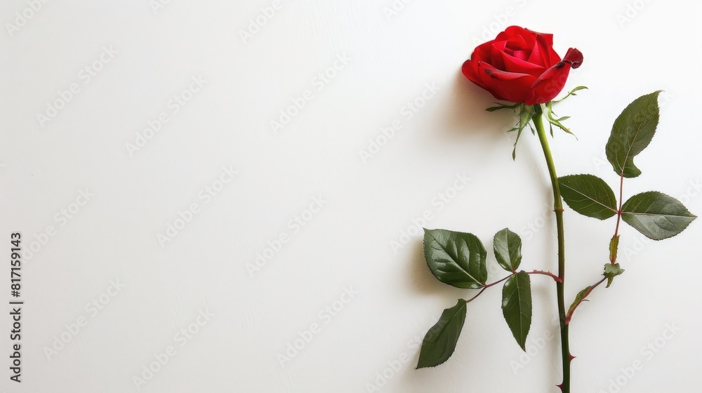 A solitary red rose set against a pristine white backdrop A solitary red rose set against a pristine white backdrop