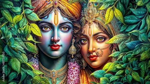 Radha and Krishna love inside leaves  photo