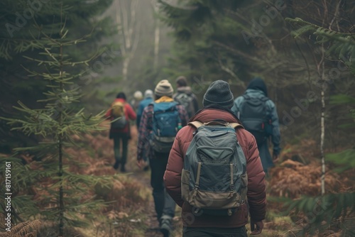 nature adventure group of friends walking in forest with backpacks