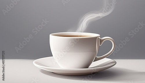 A close-up of a white coffee cup with steam rising gracefully. The background is a smooth