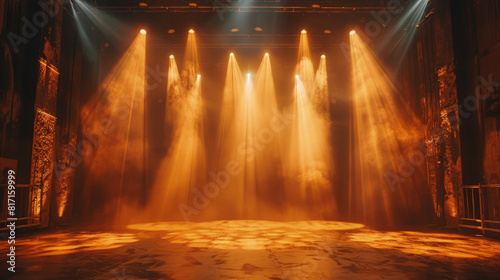 Vibrant Orange Stage Lights Illuminating Concert Venue at Night. Stage lights create dynamic atmosphere, illuminating concert venue with smoke effects enhancing dramatic ambiance. No people.