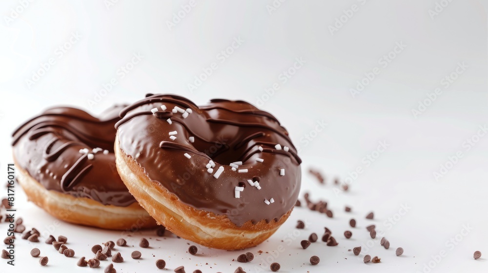 A delightful pair of heart shaped donuts generously coated in chocolate stand out against a clean white backdrop embodying the essence of Valentine s Day sweetness A delightful pair of heart shaped donuts generously coated in chocolate stand out against a clean white backdrop embodying the essence of Valentine s Day sweetness