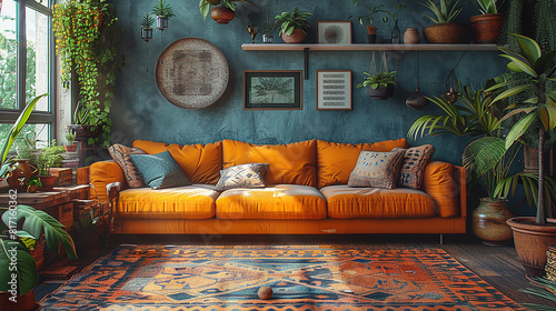 A bohemian-inspired living room with eclectic decor and vibrant patterns 