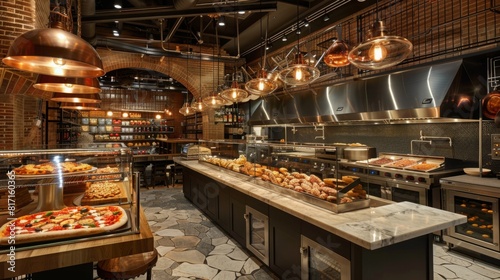 An inviting Italian restaurant bakery offers a variety of fresh pastries and pizza under warm lighting, showcasing a modern yet cozy atmosphere, perfect for an evening treat.