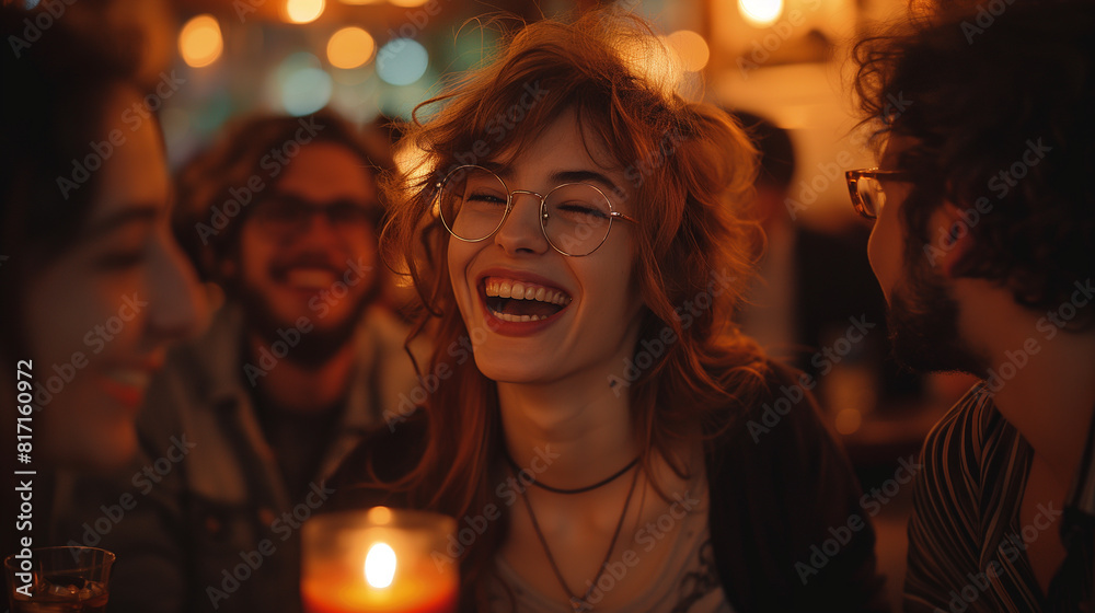 A heartwarming photograph capturing a group of friends laughing together in a cozy coffee shop, their faces illuminated by the soft glow of candlelight as they share stories and jo A heartwarming photograph capturing a group of friends laughing together in a cozy coffee shop, their faces illuminated by the soft glow of candlelight as they share stories and jo