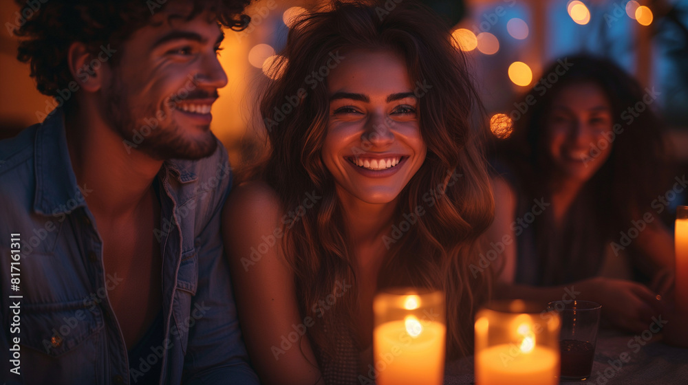 A heartwarming photograph showcasing friends laughing together during a game night at home, their faces illuminated by the warm glow of tabletop candles as they compete in friendly A heartwarming photograph showcasing friends laughing together during a game night at home, their faces illuminated by the warm glow of tabletop candles as they compete in friendly