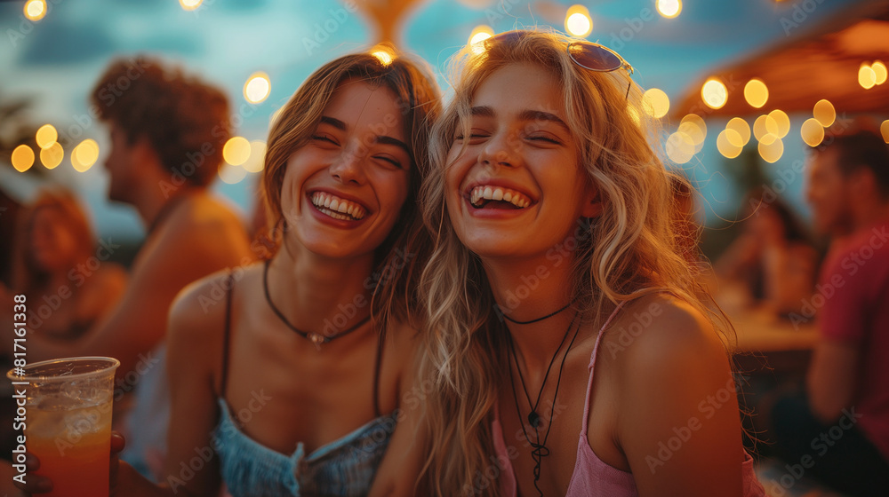 A dramatic photograph capturing friends laughing together at a rooftop party, their voices rising above the city skyline as they dance beneath a canopy of stars and twinkling light A dramatic photograph capturing friends laughing together at a rooftop party, their voices rising above the city skyline as they dance beneath a canopy of stars and twinkling light